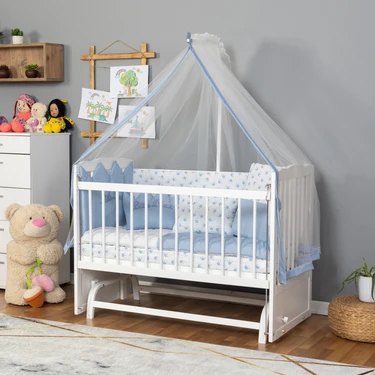 Bamgidoo Ahşap Lake Beyaz Renk Anne Yanı Beşik 3 Kademeli Sallanan Ahşap Beşik 60 x 120 cm - Mavi