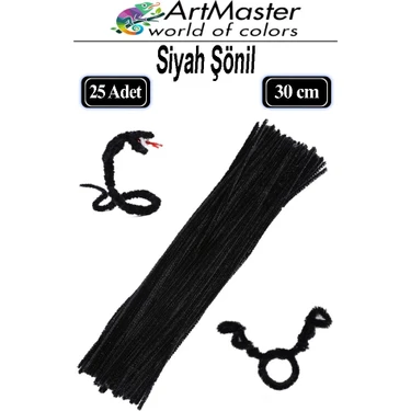 ArtMaster Şönil Siyah 30 cm 25 Li 1 Paket Renkli Tüylü Tel Şönil Pipo Temizleyici Okul Öncesi