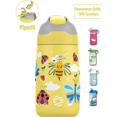 Vagonlife Çocuk 350 ml Pipetli Çelik Matara Paslanmaz Çelik Termos 5 Farklı Renk