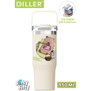 Vagonlife Dıller Tumbler Kapibara 950 ml Tek Kapak Çift Kullanım Pipetli/pipetsiz Taşıma Kulplu