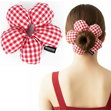 Woodycord El Yapımı Pötikare Desenli Scrunchies Toka - Kırmızı