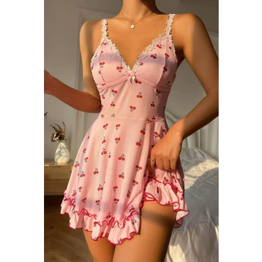 Bella Notte Romantik Pembe Kiraz Baskılı Askılı Tanga Ve Tül