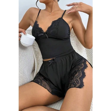 Bella Notte Siyah Yırtmaçlı Şort Gecelik