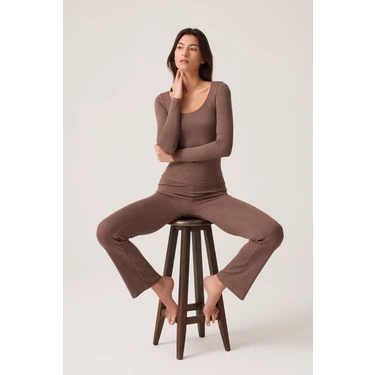 Los Ojos x Ece Kahverengi Modal Kumaşlı Uzun Kollu Eşofmanlı Pijama Takımı Ribbed
