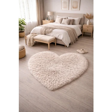 Saymine Kuzu Post Peluş Premium Kalp Desen Yumuşak Tüylü Halı -