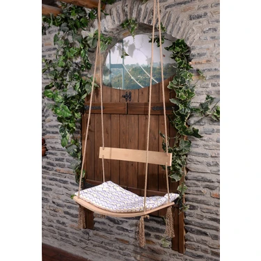Holmen Çağlayan Ahşap Salıncak 64*34 cm Tek Kişilik Yıldızlı Desenli Minder ile Ergonomik