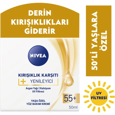 NIVEA +  Krem Yaş 55+ (50ml);Yaşa Özel Yüz Bakım Kremi;Argan Yağı ve Kalsiyum ile Yoğun Cilt