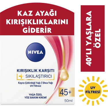 NIVEA +  Krem Yaş 45+ (50ml);Yaşa Özel Yüz Bakım Kremi;Kayısı Çekirdeği ve Shea Yağı ile Yoğun Cilt