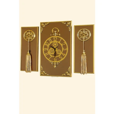 byMelekoğlu Casablanca 3 Lü Gold Aynalı Çerçeveli Püsküllü Duvar Saati Takımı, Wall Clock Hediye