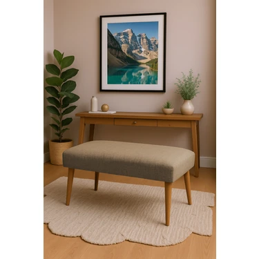Azra Mobilya Modern Keten Kumaş Puf Bench 90X45 cm – Demonte Ahşap Ayaklı Oturma Pufu -