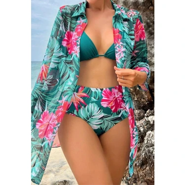 3 Parça Yüksek Bel Gömlek ve Bikini