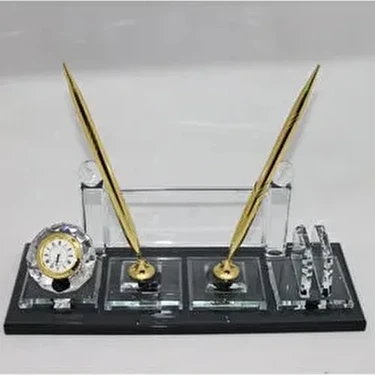 Gündoğan Kristal Cam Masa İsimliği Lüks Masaüstü 2 Parça Şık Altın Renkli Kalemler