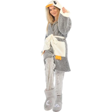 Zeynep Tekstil Penguen Nakışlı Kapşonlu Wellsoft Peluş Bornoz