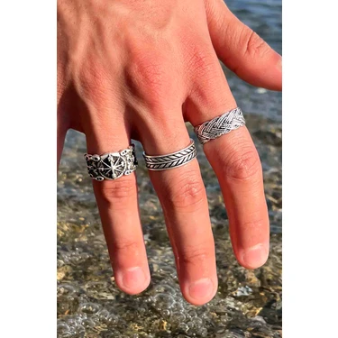 Trend Collection Unisex Model Gümüş Kaplama Sezar Pusula Hasır Model Ayarlanabilir 3'lü Yüzük
