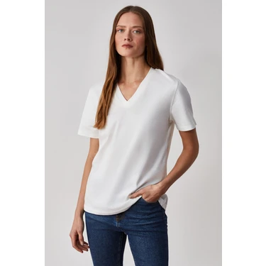 Grimelange ALINE Kadın %100 organik Pamuk Derin V Yakalı Comfort Fit Beyaz
