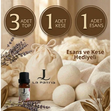 La Patria 3 Adet Xxxl Yün Kurutma Topu - 1 Adet kese - 1 Adet esansiyel ucucu