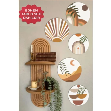 Wooden Factory Semplice Duvar Rafı ve Dekoratif Oval 5 Parça Tablo