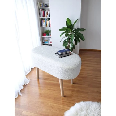 Eksen Teddy Kumaş Oval Puf - Geniş Puf - Masif Ahşap Ayaklı, Çok Amaçlı Oturma & Dekoratif Yan
