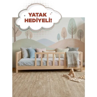 Kukka KFB610 Doğal Ahşap Montessori Çocuk Karyolası – 80X160 cm Yer Yatağı, Kenar Korumalı, Masif