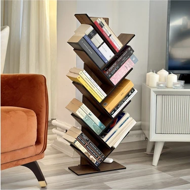 Vigo Wood Geometrik 8 Raflı Ağaç Kitaplık Ceviz Renk Modern Tasarım Dayanıklı Ahşap 90x36x18 cm