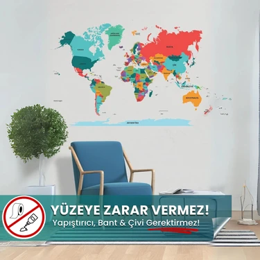 Pi Papers Şeffaf Renkli Dünya Haritası - Yapışkansız Tutunan, Elektrostatik Özellikli Akıllı Kağıt