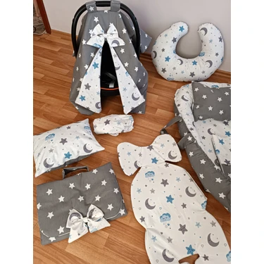 Mavi Bulutlu Koyu Yıldız Oval Yataklı 10 Parça Babynest