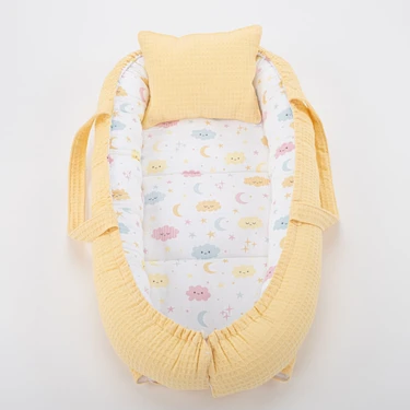 Özgürce Yumuşak Babynest ve Renkli Yastık Seti, Sarı Petek ve Bulut