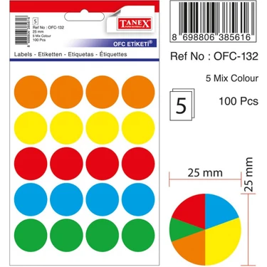 Tanex OFC-132 Etiketi 25mm Yuvarlak Çok Renkli, 100’lı