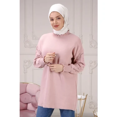 İlmek Kadın Gri Kolu Desenli Büzgülü Triko