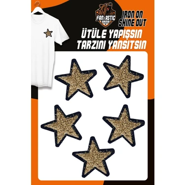 Ütü ile Yapışan Dokuma Arma Seti Patch Yama Altın Simli Saçaklı Yıldız Modeli (5