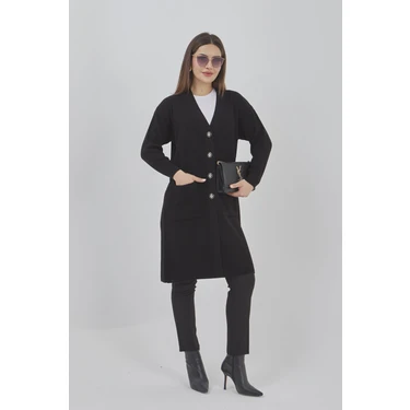 Fresh Moda Kadın Uzun Triko Mevsimlik Cepli Düğmeli Likralı