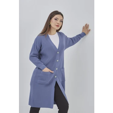 Fresh Moda Kadın Uzun Triko Mevsimlik Cepli Düğmeli Likralı