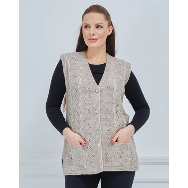 Fresh Moda Kadın V Yaka Zincir Örgü Cepli Yün Anne Triko