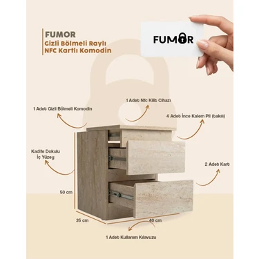 Fumor Nfc Kartlı Raylı Kayan Gizli Bölmeli Mdf Komodin (Kurulu