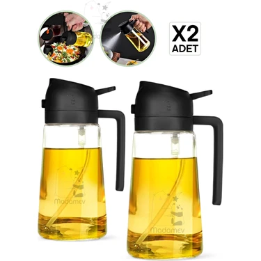 Madamev 2'li Çift Fonksiyonlu Cam Yağdanlık 550 ml Zeytinyağı Sıvıyağ Şişesi Airfryer Sprey Yağlık