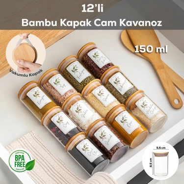 Porsima 3179 Cam 12 li Vakumlu Bambu Kapaklı Baharatlık Takımı Saklama Kabı Seti Etiketli 150
