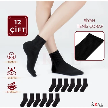 Kral Socks 12 Çift Unisex Spor Tenis Kolej Çorabı – Pamuklu Nefes Alabilen Rahat Çorap