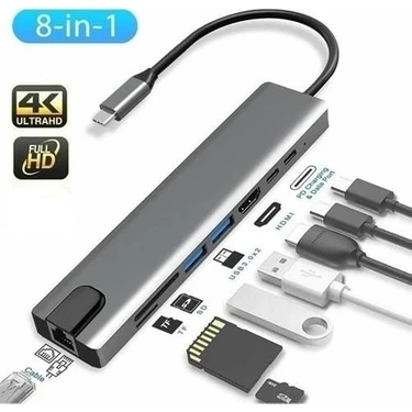 Comse Macbook Pro Air Uyumlu USB Type-C 8 Hub Dönüştürücü Çevirici Çoklayıcı USB Hdmı Micro Sd 8