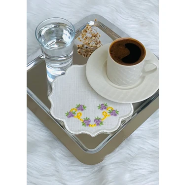 Çiçek Nakışlı Kahve Altlığı, Sunum Peçetesi, Kahve Bardağı Altlığı, 6’lı Kokteyl